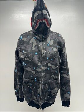 Bape Space Camo Shark Full Zip Hoodie Full Zip Up Hooded Sweatshirt Gray Large *